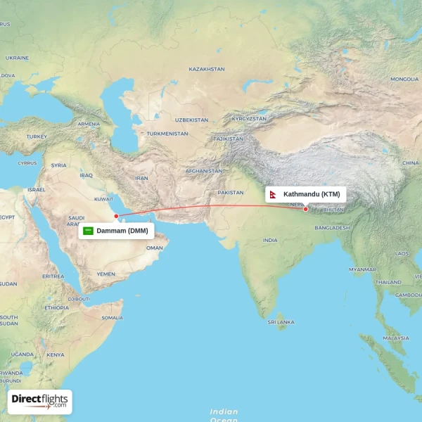 Dammam - Kathmandu direct flight map