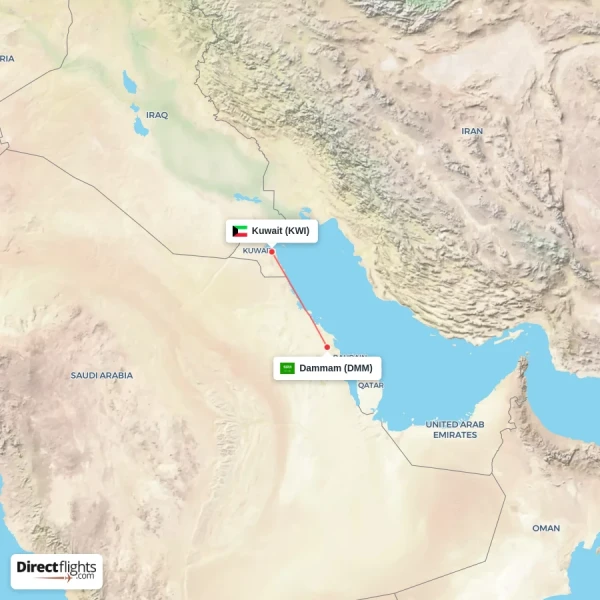 Dammam - Kuwait direct flight map