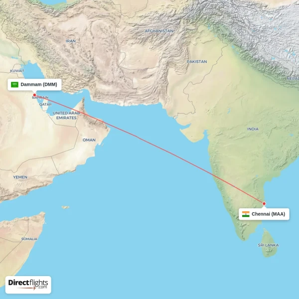 Dammam - Chennai direct flight map
