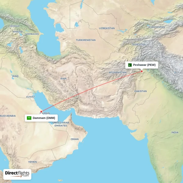 Dammam - Peshawar direct flight map