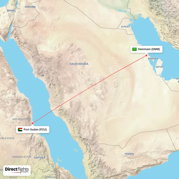Dammam - Port Sudan direct flight map