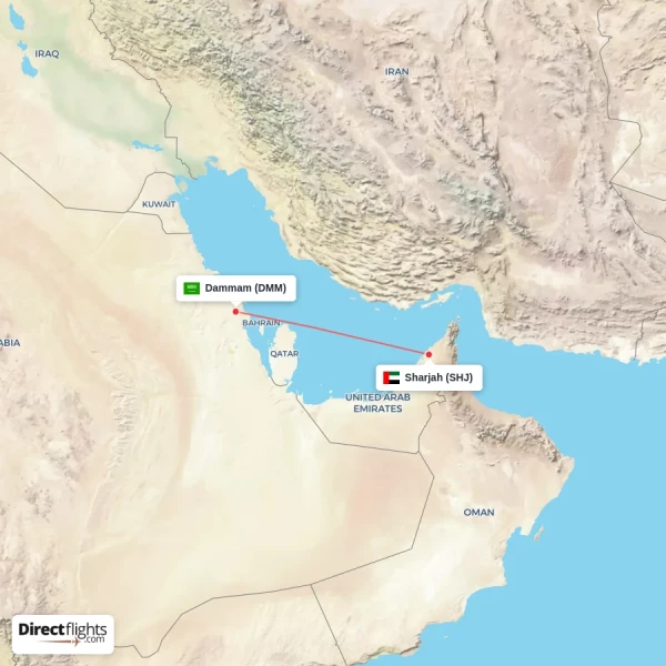 Dammam - Sharjah direct flight map