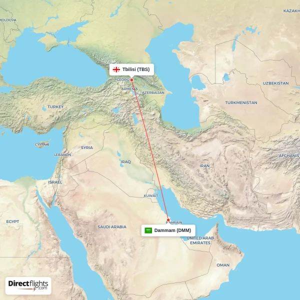 Dammam - Tbilisi direct flight map