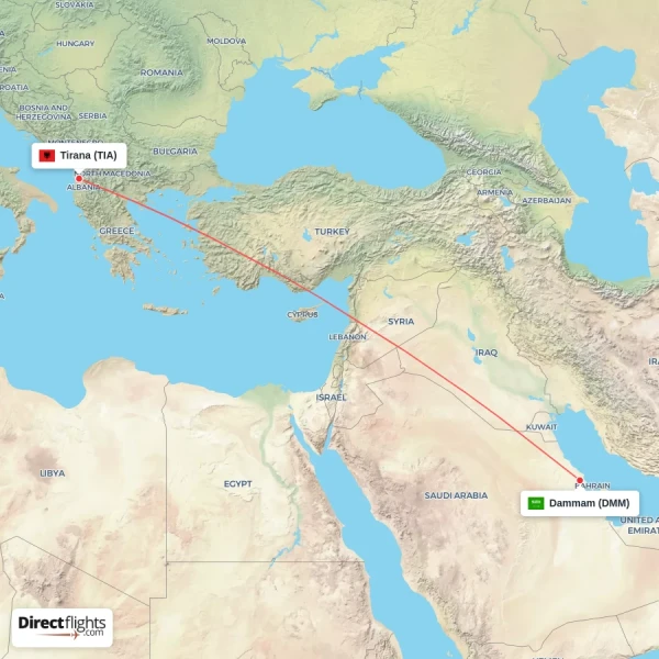 Dammam - Tirana direct flight map