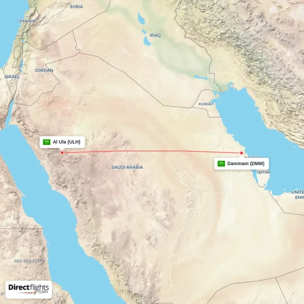 Dammam - Al Ula direct flight map