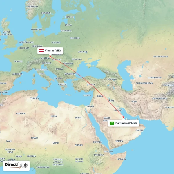 Dammam - Vienna direct flight map