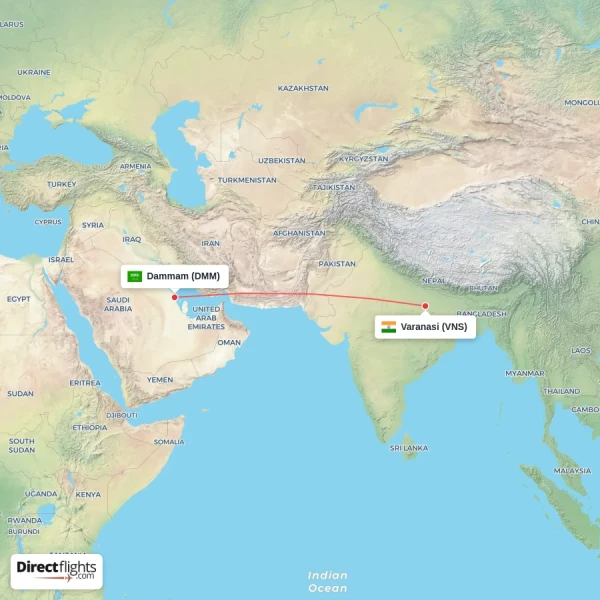Dammam - Varanasi direct flight map