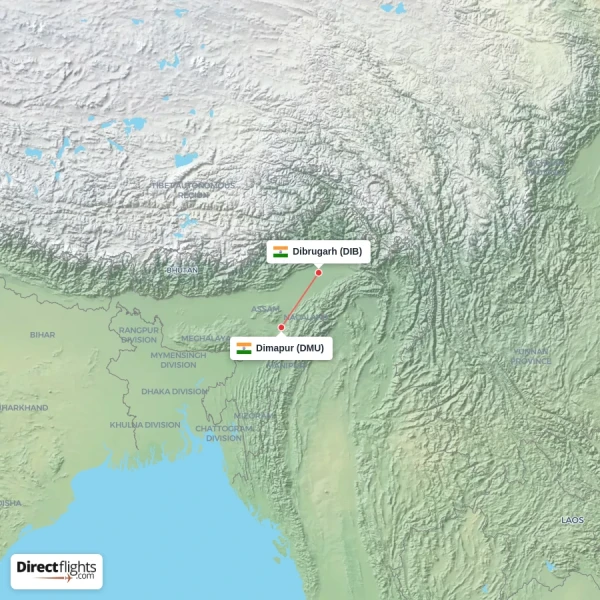 Dimapur - Dibrugarh direct flight map
