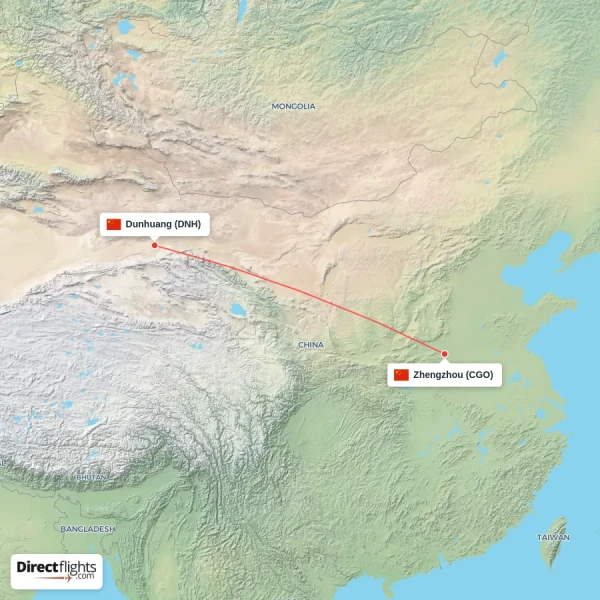 Dunhuang - Zhengzhou direct flight map