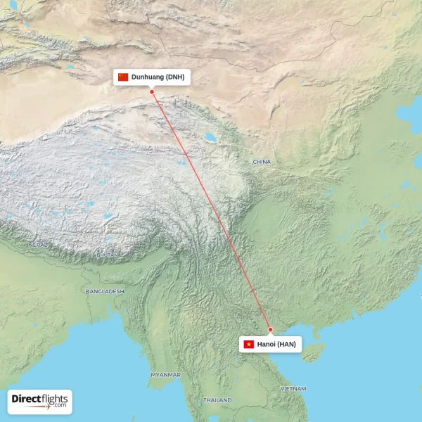 Dunhuang - Hanoi direct flight map