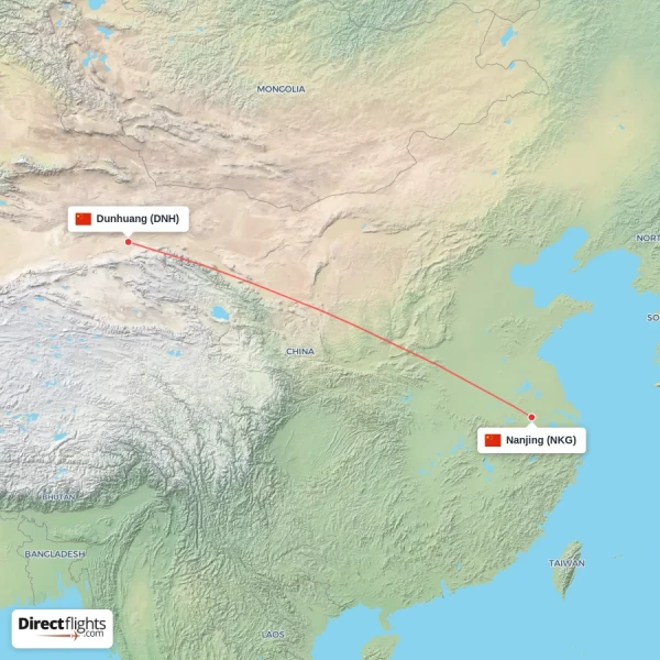 Dunhuang - Nanjing direct flight map