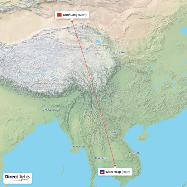Dunhuang - Siem Reap direct flight map