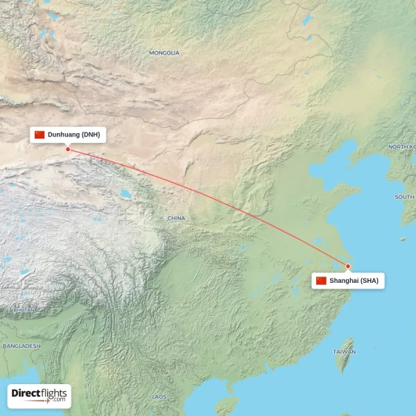 Dunhuang - Shanghai direct flight map