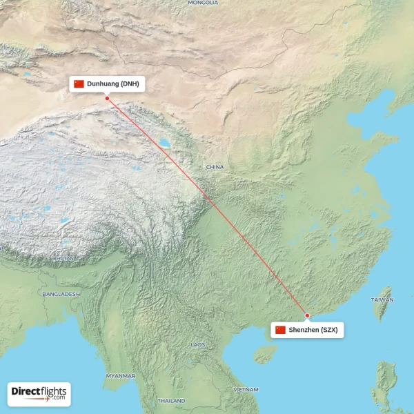 Dunhuang - Shenzhen direct flight map