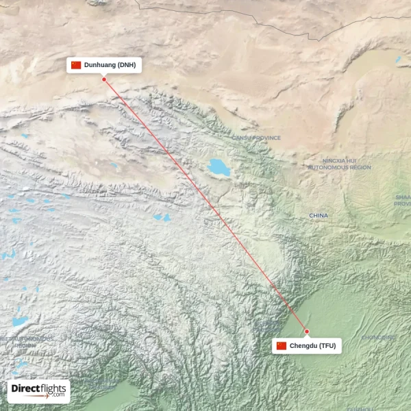 Dunhuang - Chengdu direct flight map
