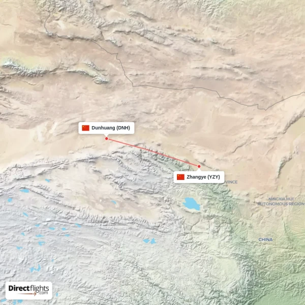 Dunhuang - Zhangye direct flight map
