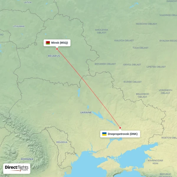 Dnepropetrovsk - Minsk direct flight map