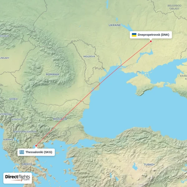 Dnepropetrovsk - Thessaloniki direct flight map