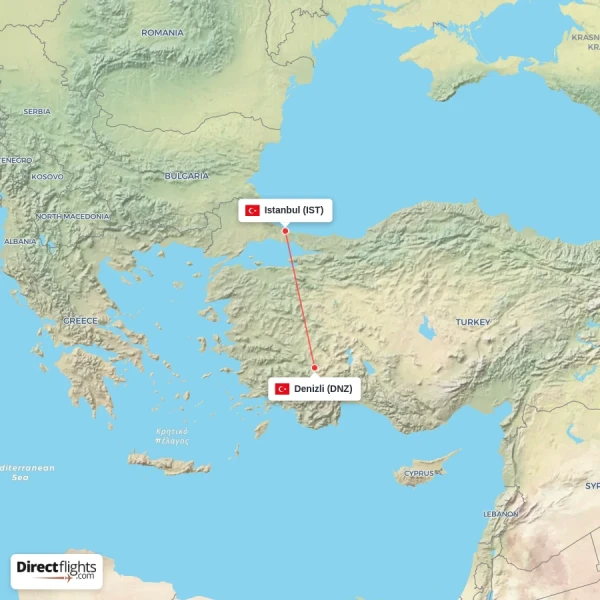 Denizli - Istanbul direct flight map