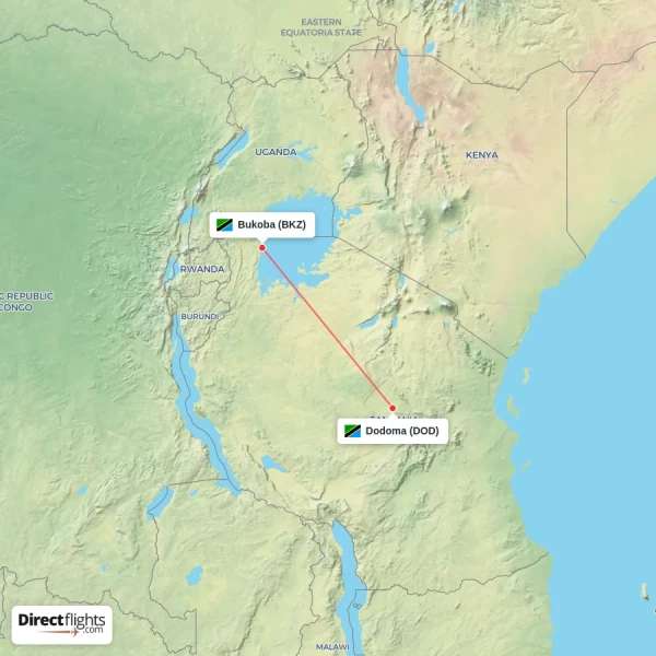 Dodoma - Bukoba direct flight map