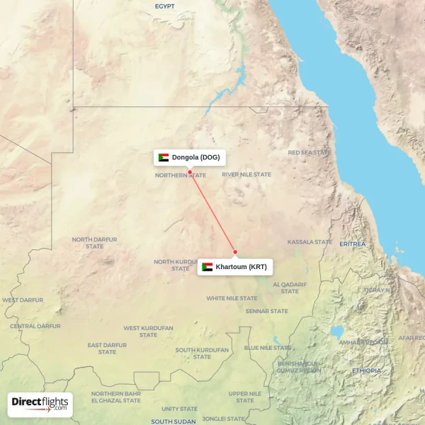 Dongola - Khartoum direct flight map