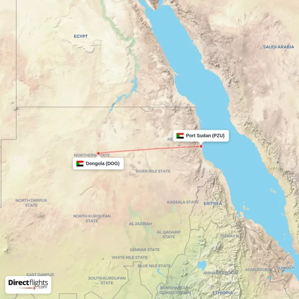 Dongola - Port Sudan direct flight map