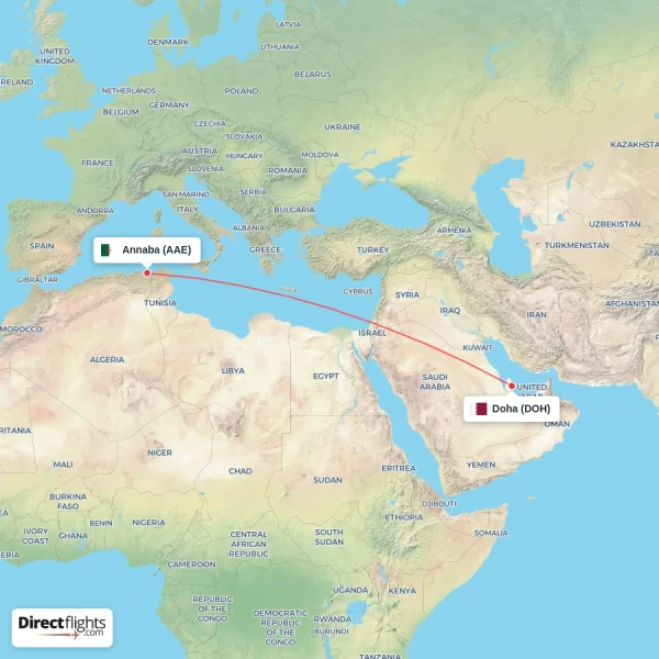 Doha - Annaba direct flight map