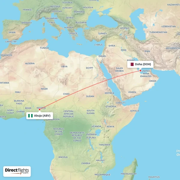 Doha - Abuja direct flight map