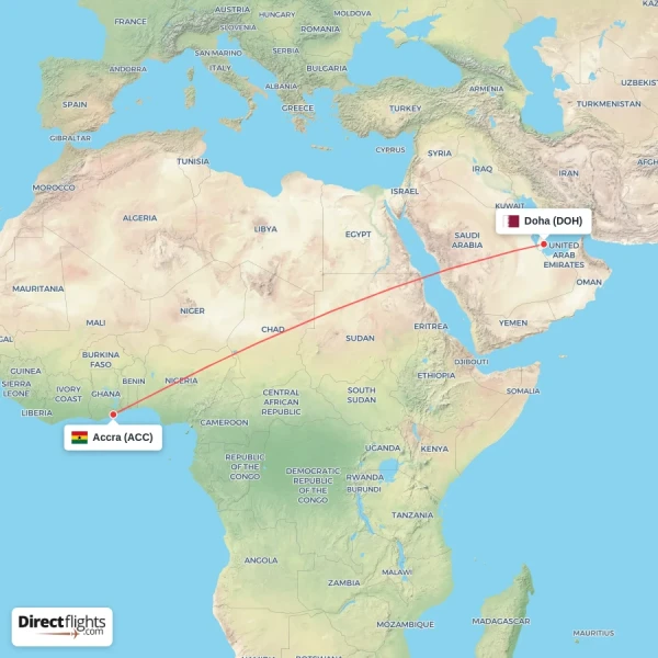 Doha - Accra direct flight map