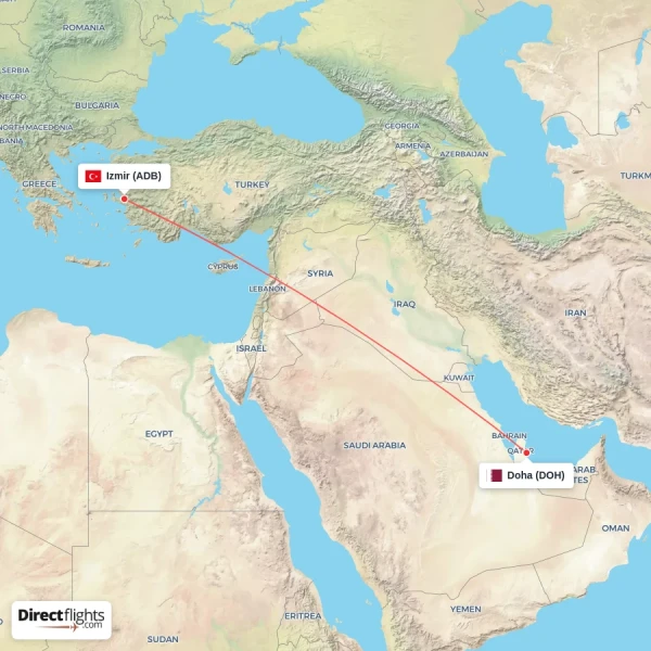 Doha - Izmir direct flight map