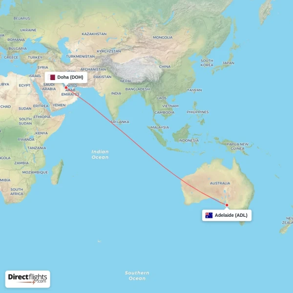 Doha - Adelaide direct flight map