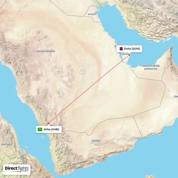 Doha - Abha direct flight map