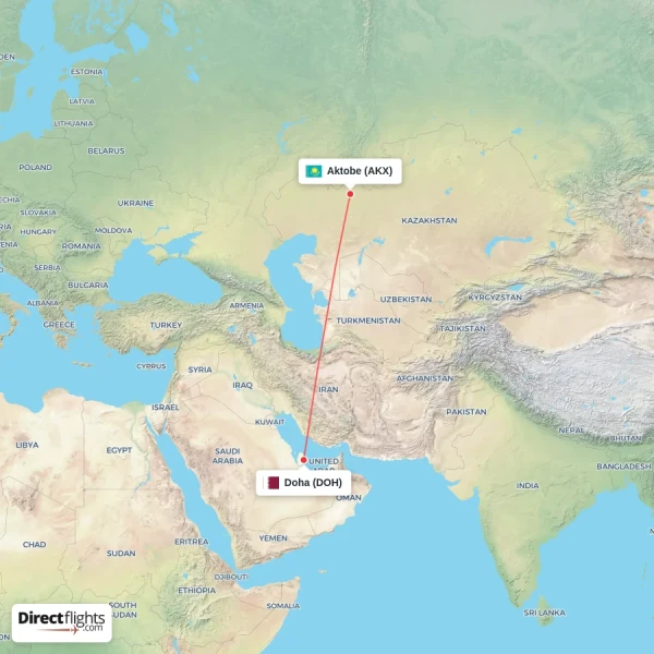 Doha - Aktobe direct flight map