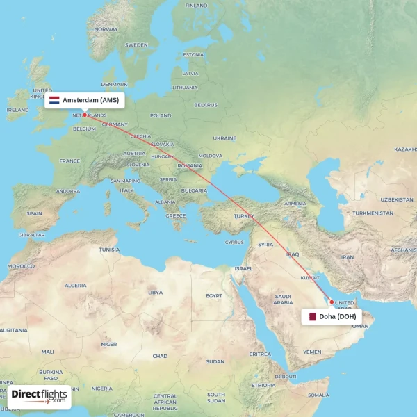 Doha - Amsterdam direct flight map
