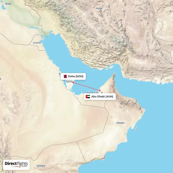 Doha - Abu Dhabi direct flight map