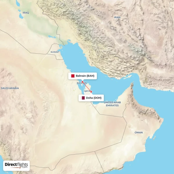 Doha - Bahrain direct flight map