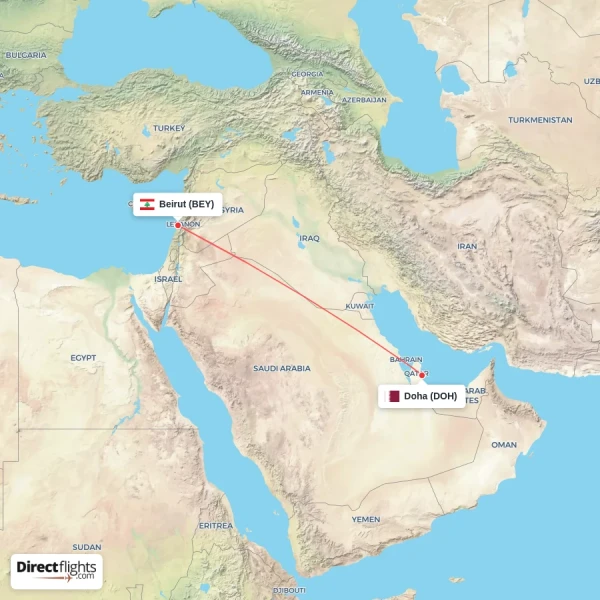 Doha - Beirut direct flight map