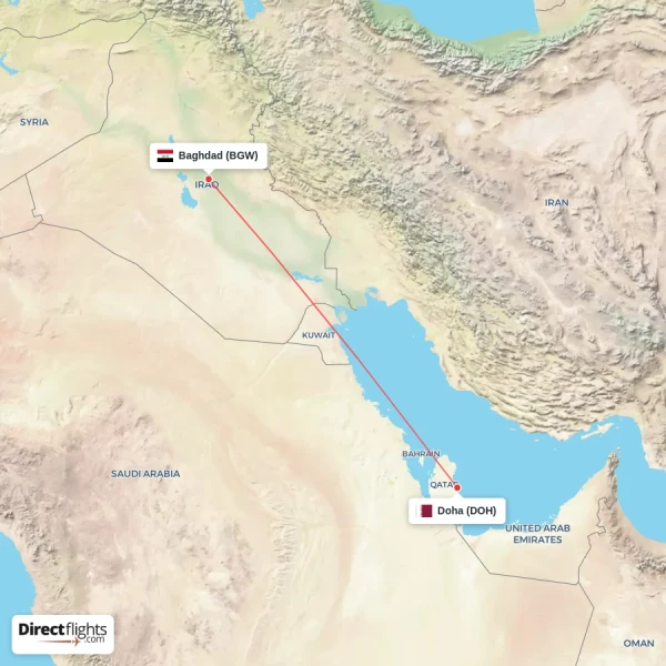 Doha - Baghdad direct flight map