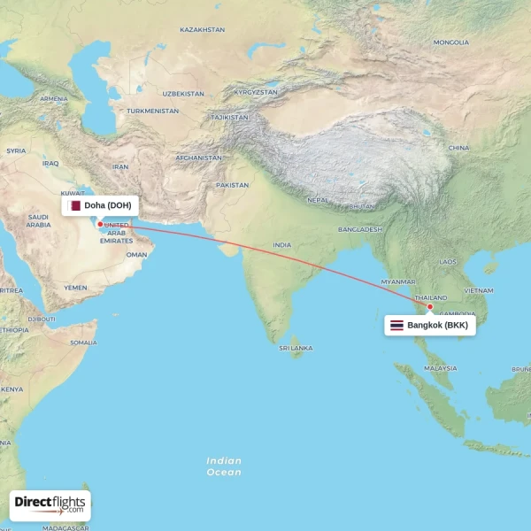 Doha - Bangkok direct flight map