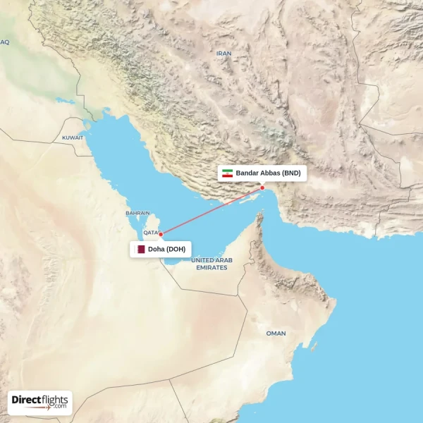 Doha - Bandar Abbas direct flight map