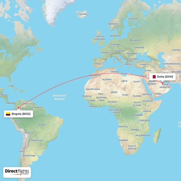 Doha - Bogota direct flight map