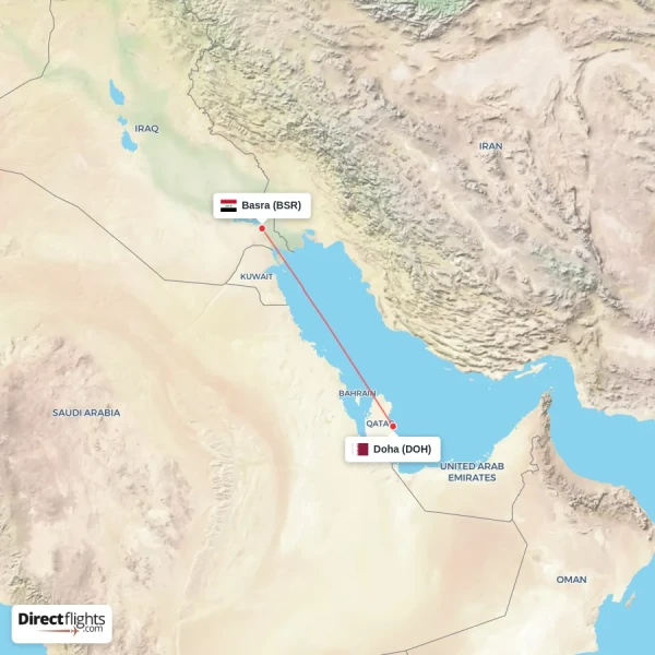 Doha - Basra direct flight map