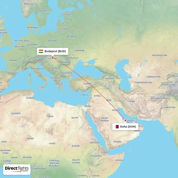 Doha - Budapest direct flight map