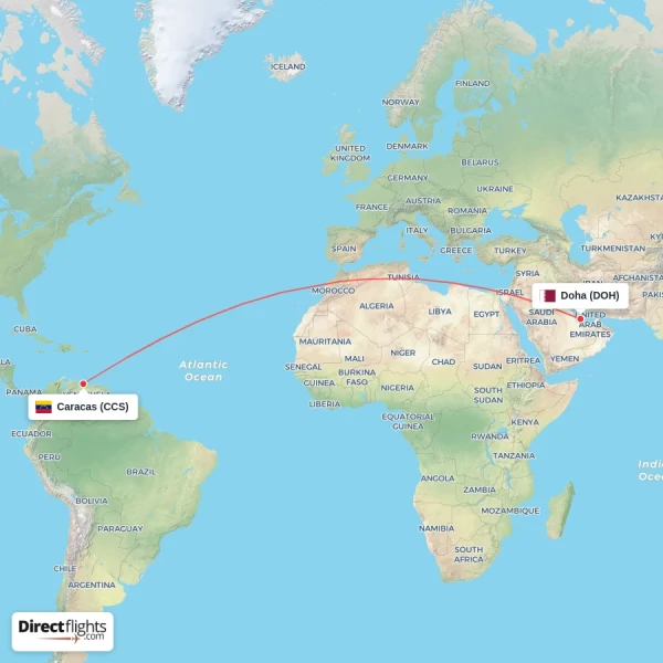 Doha - Caracas direct flight map