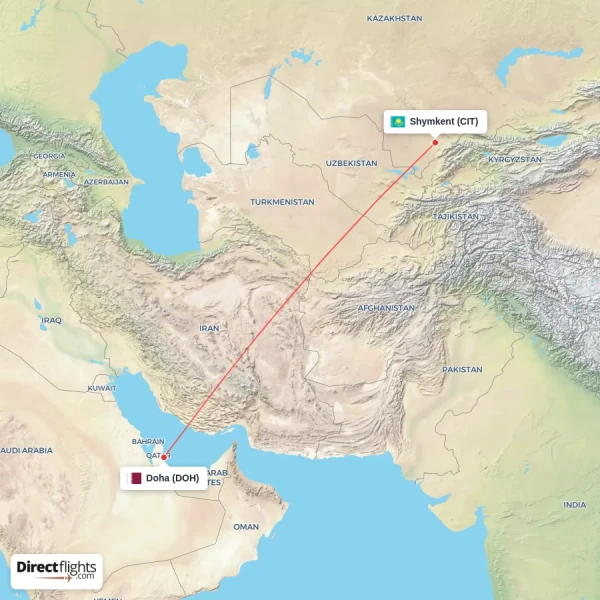 Doha - Shymkent direct flight map