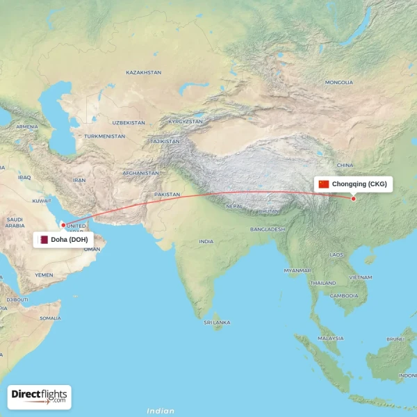 Doha - Chongqing direct flight map