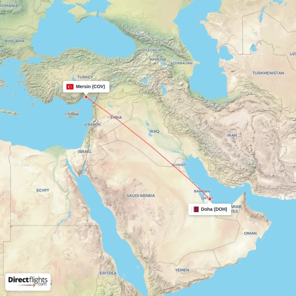Doha - Mersin direct flight map