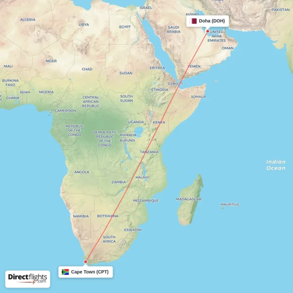 Doha - Cape Town direct flight map