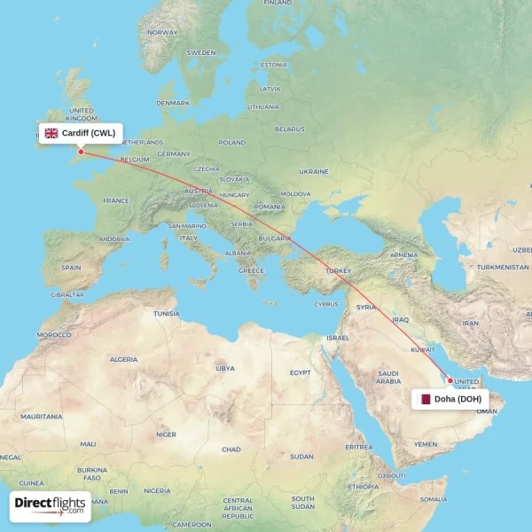 Doha - Cardiff direct flight map