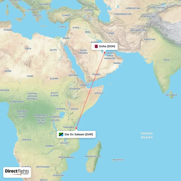 Doha - Dar Es Salaam direct flight map